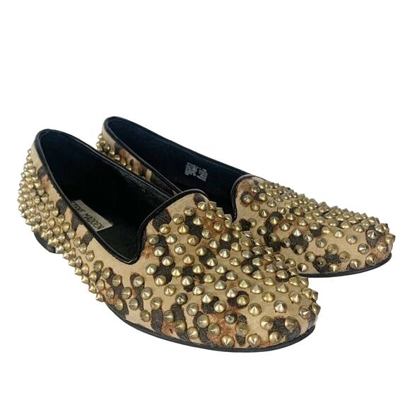 STEVE MADDEN Studly Flats Leather Gold Studs Animal Print Loafer Women's Size 7M - Picture 1 of 11